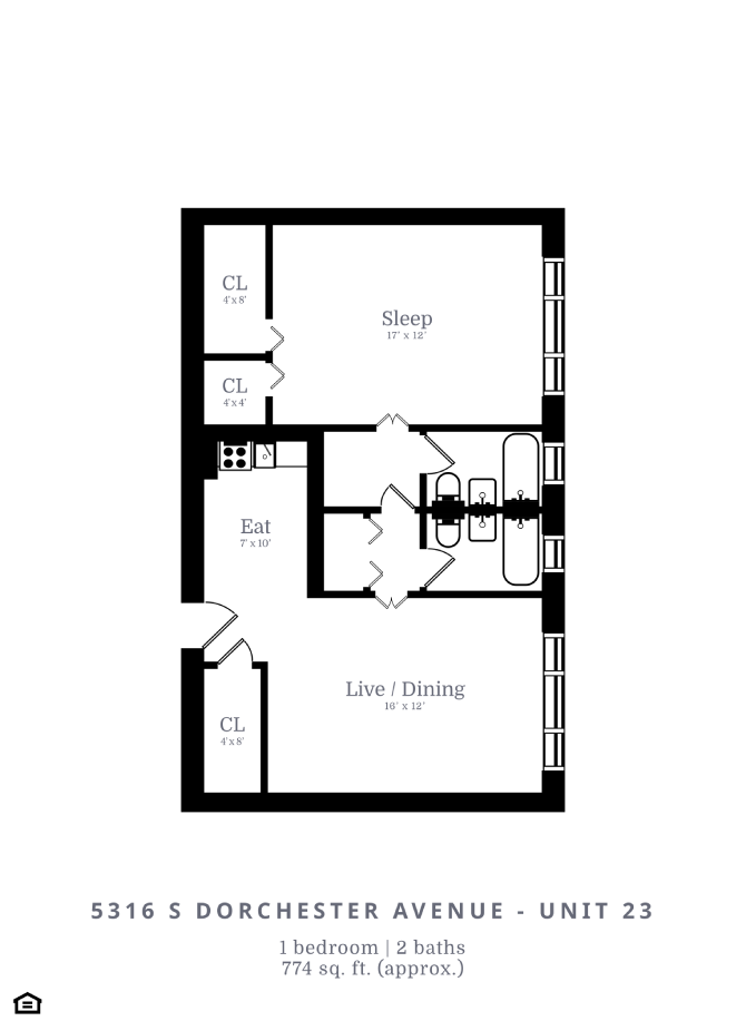 Floor plan for 1 bed, 1 bath, 774 sqft